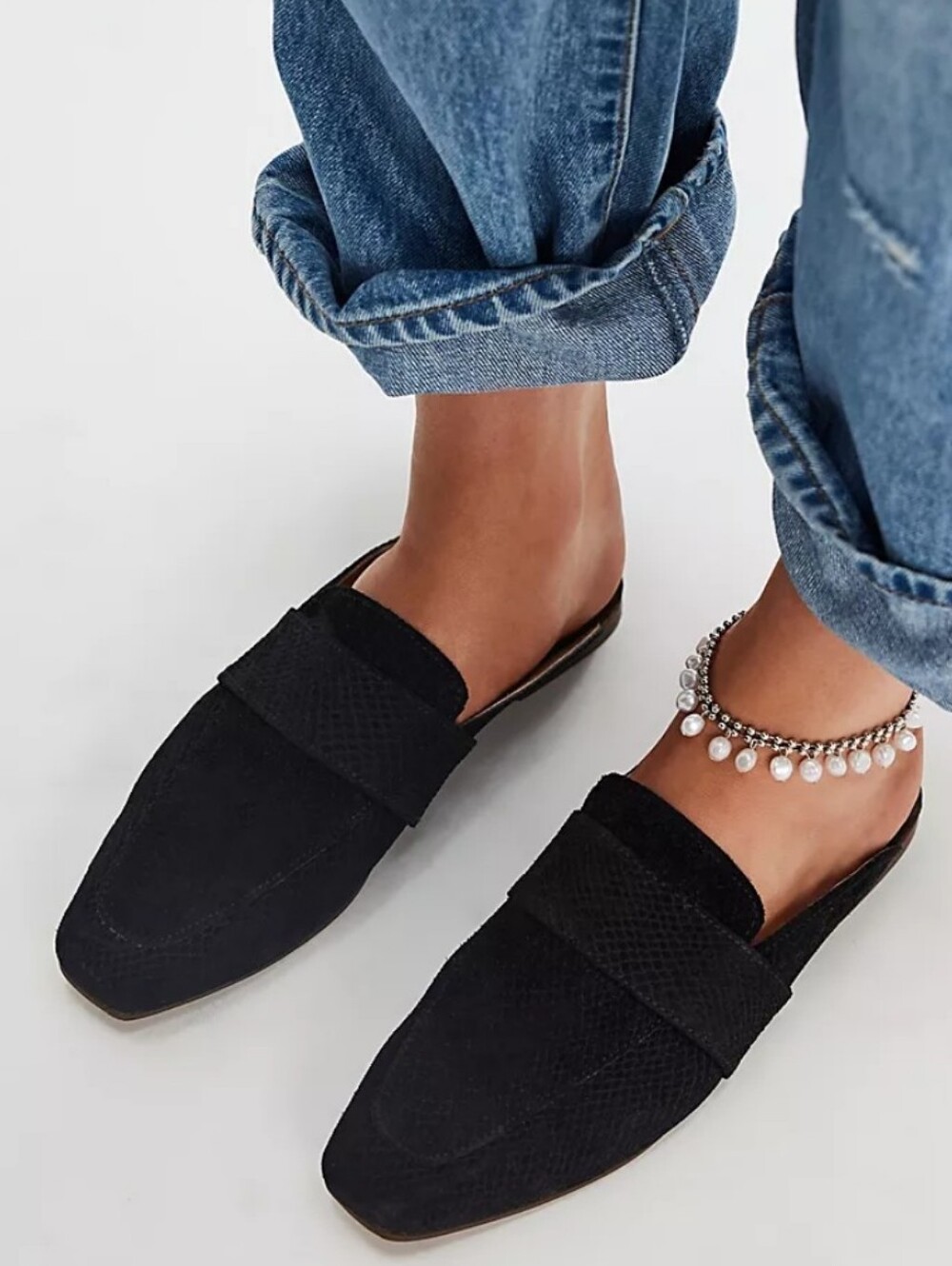 Free People At Ease Embossed Black Suede Slip-On Loafers